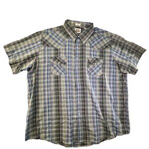 Ely Cattleman 3X Big Man Short Sleeve Western Plaid Shirt - Blue/Gray Pearl Snap